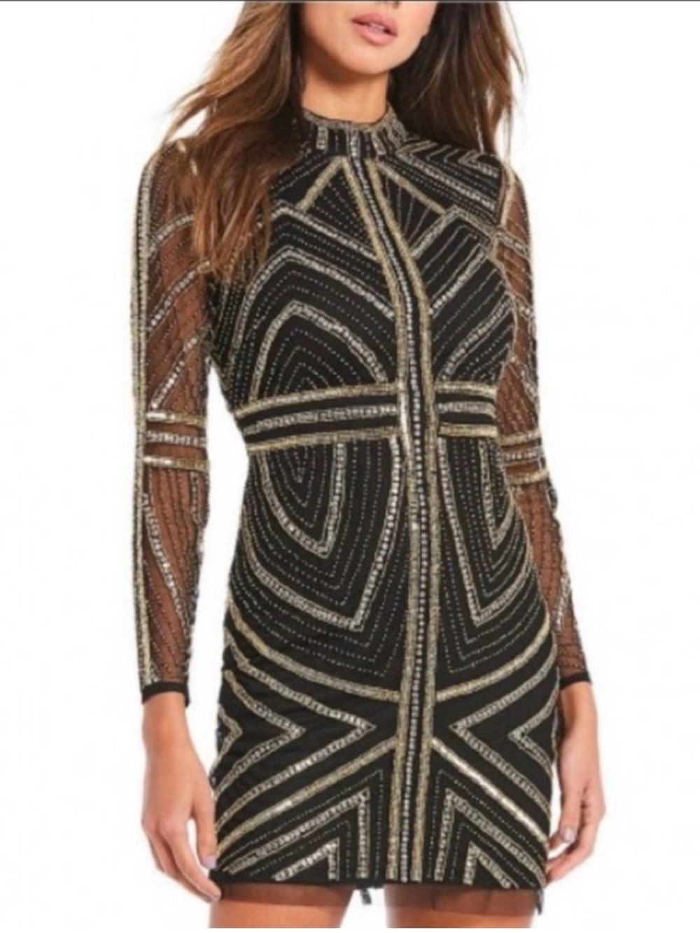 Gianni Bini Black Beaded Bodycon Cocktail Dress Sheer Long Sleeve Size Small